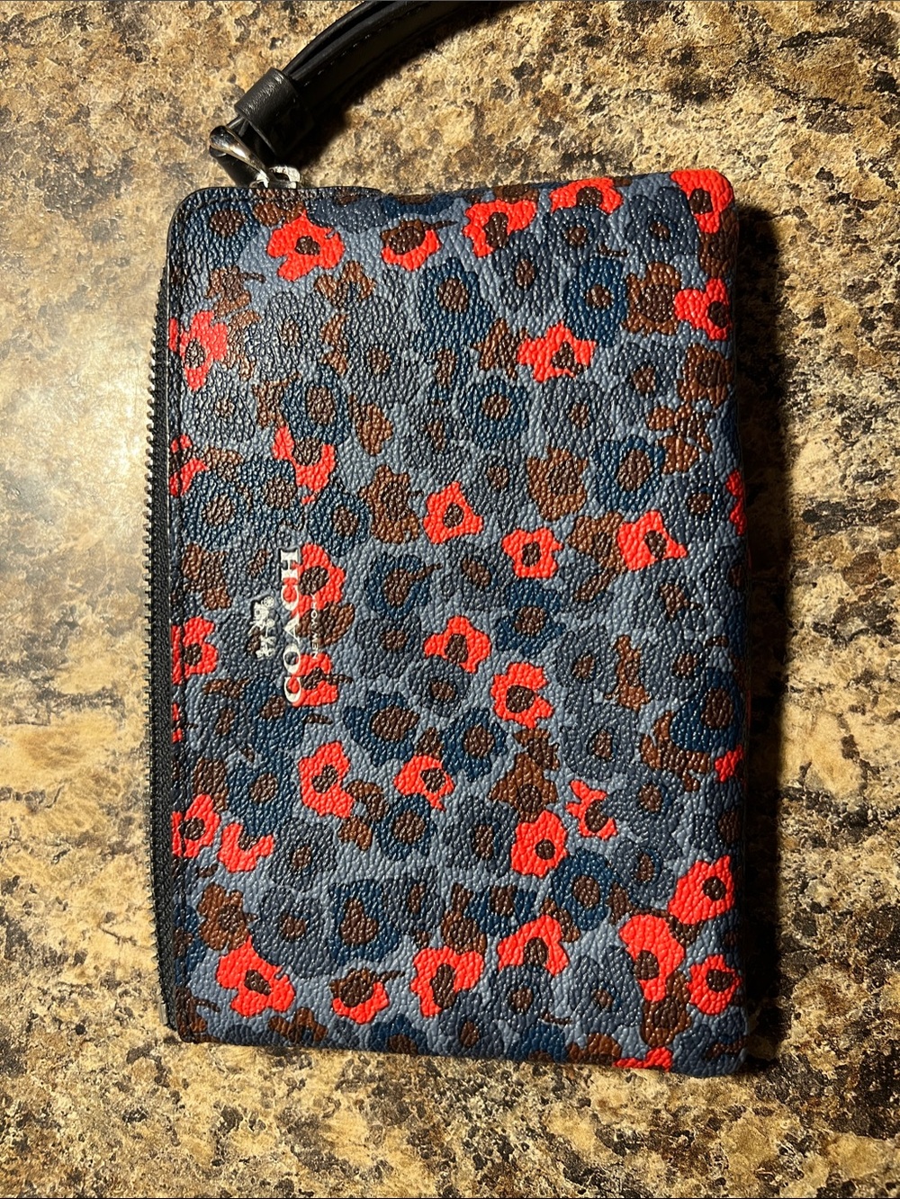 Coach Navy Blue Red floral Print Wristlet Pouch